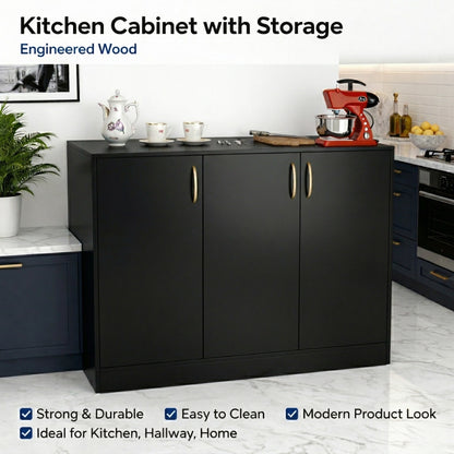 Spydercraft Accent Modern Storage Cabinet with Matte Finish and Premium Metal Handles| Color: Black | Multipurpose cabinet