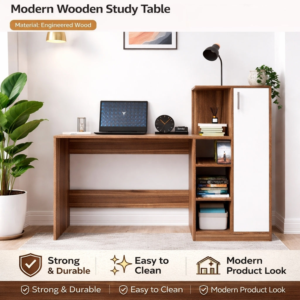 Spydercraft Noce Lyon & White Engineered Wood DYNA Study Table with Storage Cabinet – Modern Multipurpose Desk with Shelves