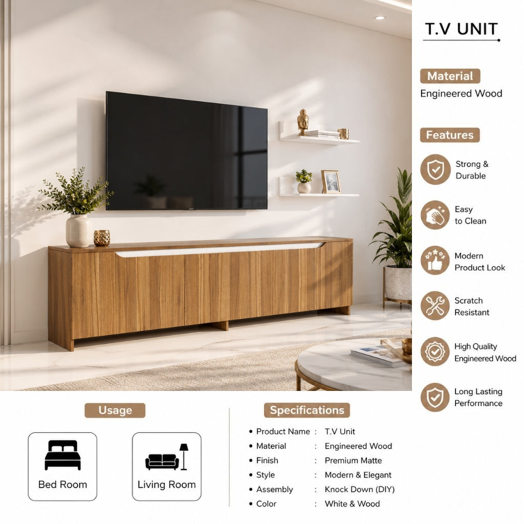 Spydercraft Modern Walnut TV Cabinet with Storage & Floating Shelves | 180 cm Entertainment Unit