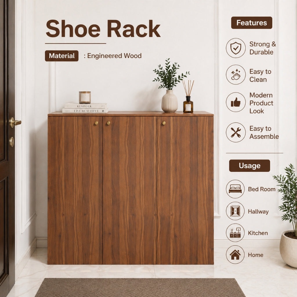 Apex 3 Door Shoe Rack Cabinet with Spacious Storage | Modern Wooden Footwear Organizer for Home & Entryway | Noce Lyon Finish