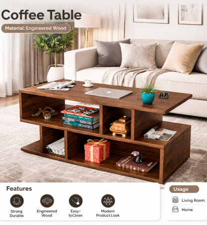 Spydercraft Zig Zag Bedside Table in Columbian Walnut Finish | Modern Wooden Nightstand with Open Shelves | Engineered Wood Side Table