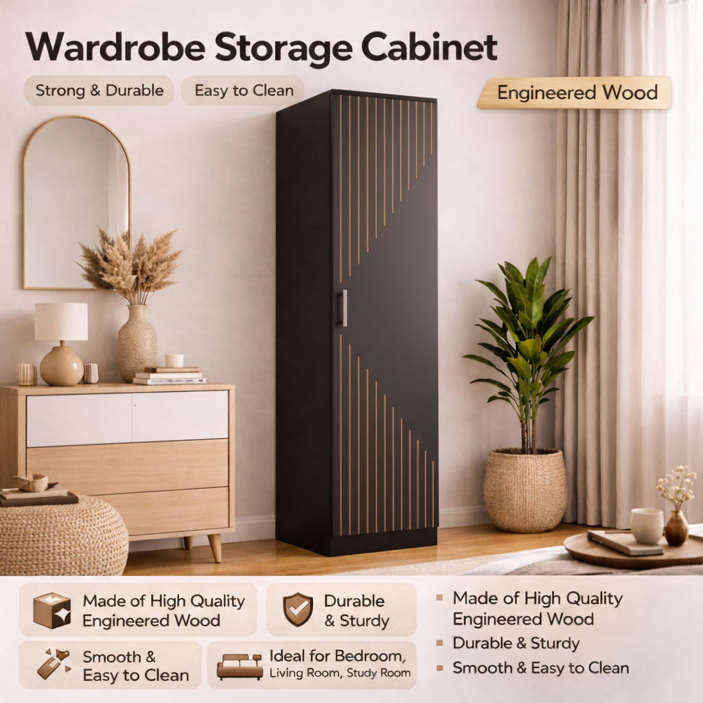 Spydercraft Single Door Fraser Wardrobe | Sleek Matte Finish | Space-Saving Storage Unit (180 cm Height)| Color: Black