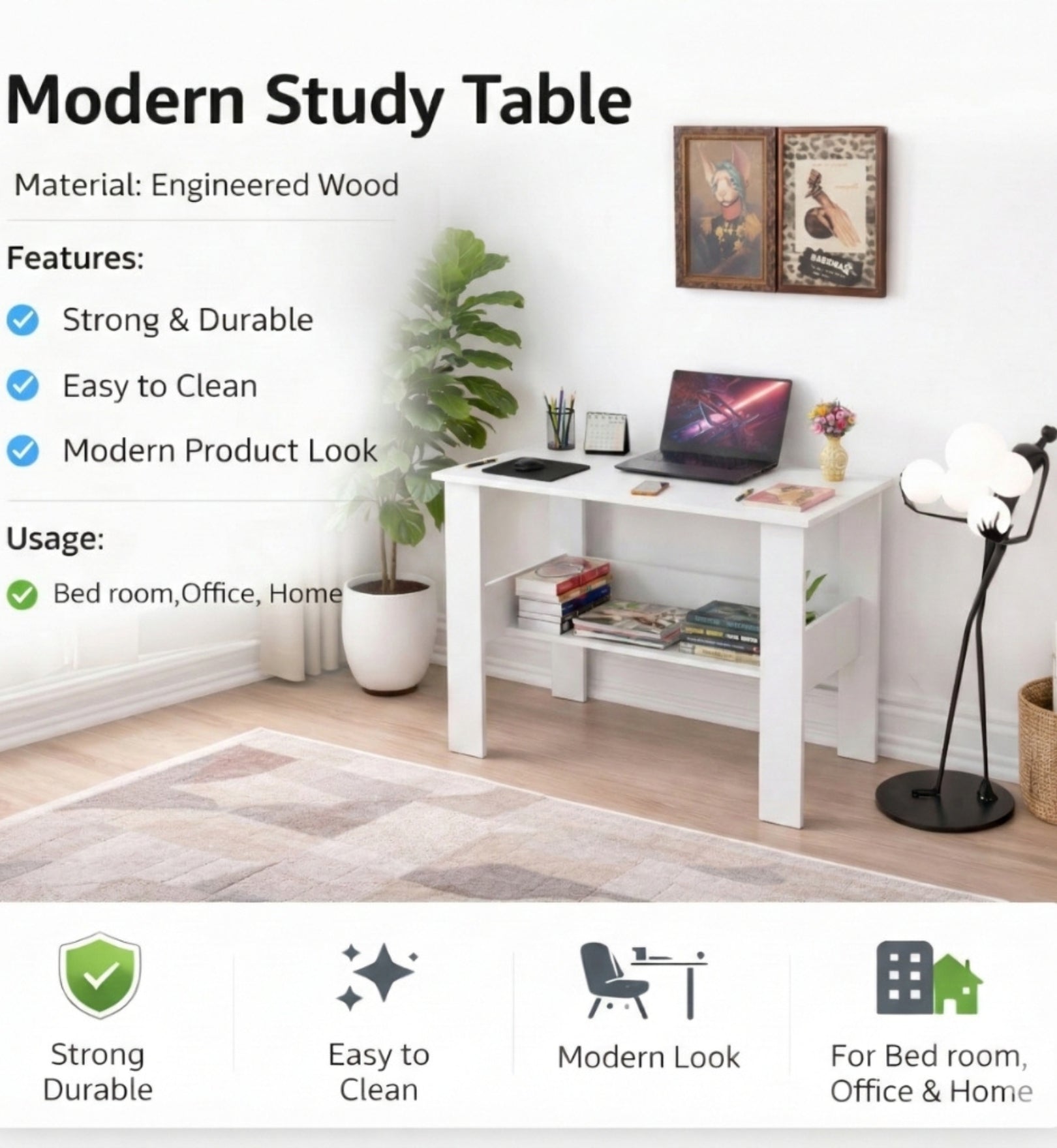 SPYDER CRAFT Modern Engineered Wood Study Table with Bookshelf & Storage Shelves in White | Computer Desk for Home & Office