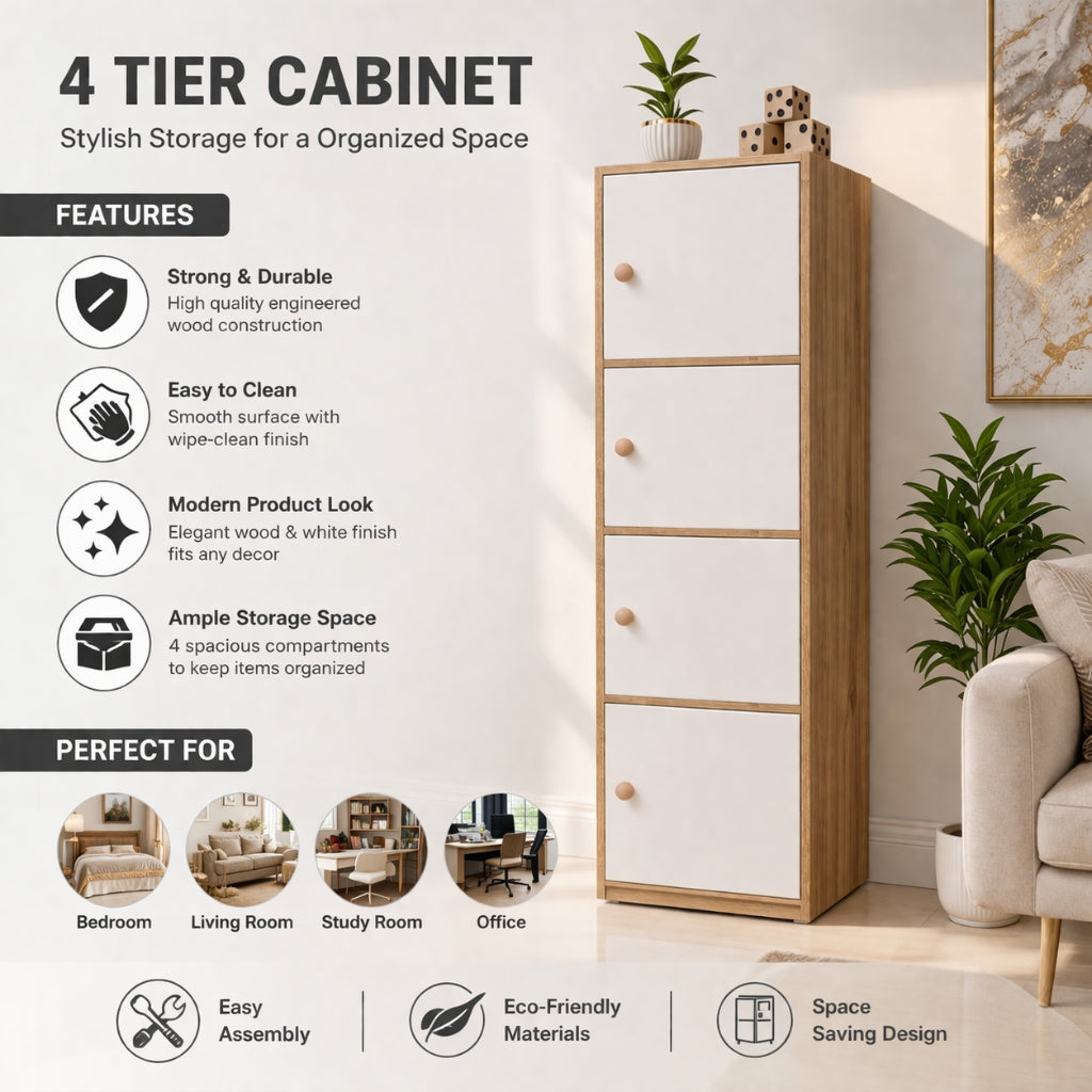 4-Tier Multipurpose Storage Cabinet – Compact Vertical Organizer (White & Canyon Oak Finish)