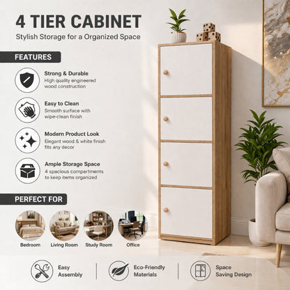 4-Tier Multipurpose Storage Cabinet – Compact Vertical Organizer (White & Canyon Oak Finish)