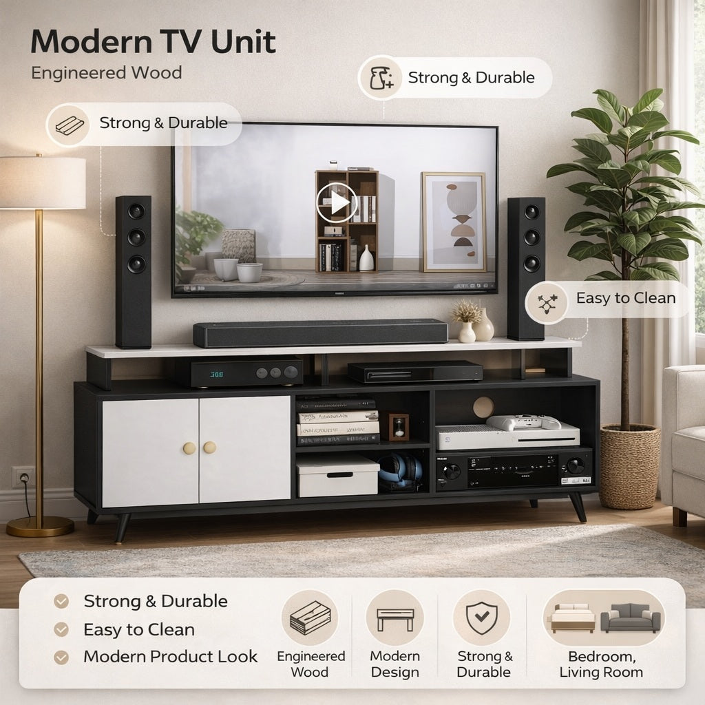 Spydercraft Modern Marbay TV Unit with Storage & Display Shelf – Space-Saving Entertainment Console in Black & White Finish