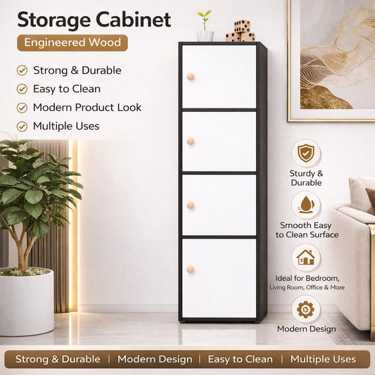 4-Tier Multipurpose Storage Cabinet – Space-Saving Vertical Organizer in Black & White (133.5 cm Height)