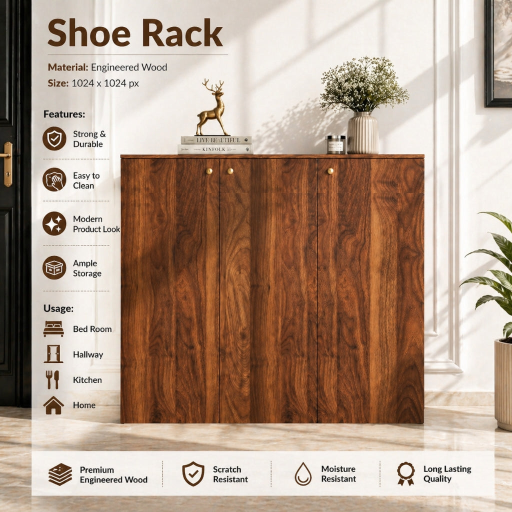 Apex 3 Door Shoe Rack Cabinet with Spacious Storage | Modern Wooden Footwear Organizer for Home & Entryway | Columbian Walnut Finish