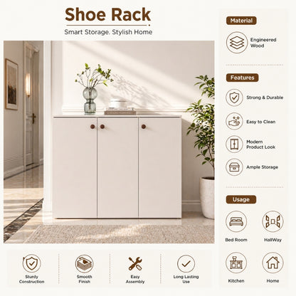 Apex 3 Door Shoe Rack Cabinet with Spacious Storage | Modern Wooden Footwear Organizer for Home & Entryway | White Finish