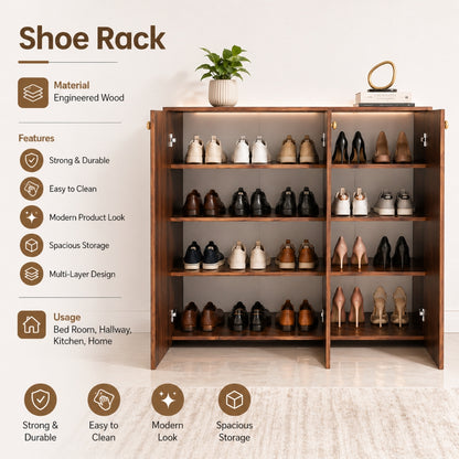 Apex 3 Door Shoe Rack Cabinet with Spacious Storage | Modern Wooden Footwear Organizer for Home & Entryway | Columbian Walnut Finish