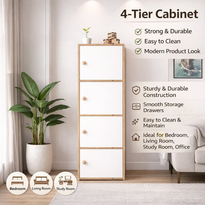 4-Tier Multipurpose Storage Cabinet – Compact Vertical Organizer (White & Canyon Oak Finish)