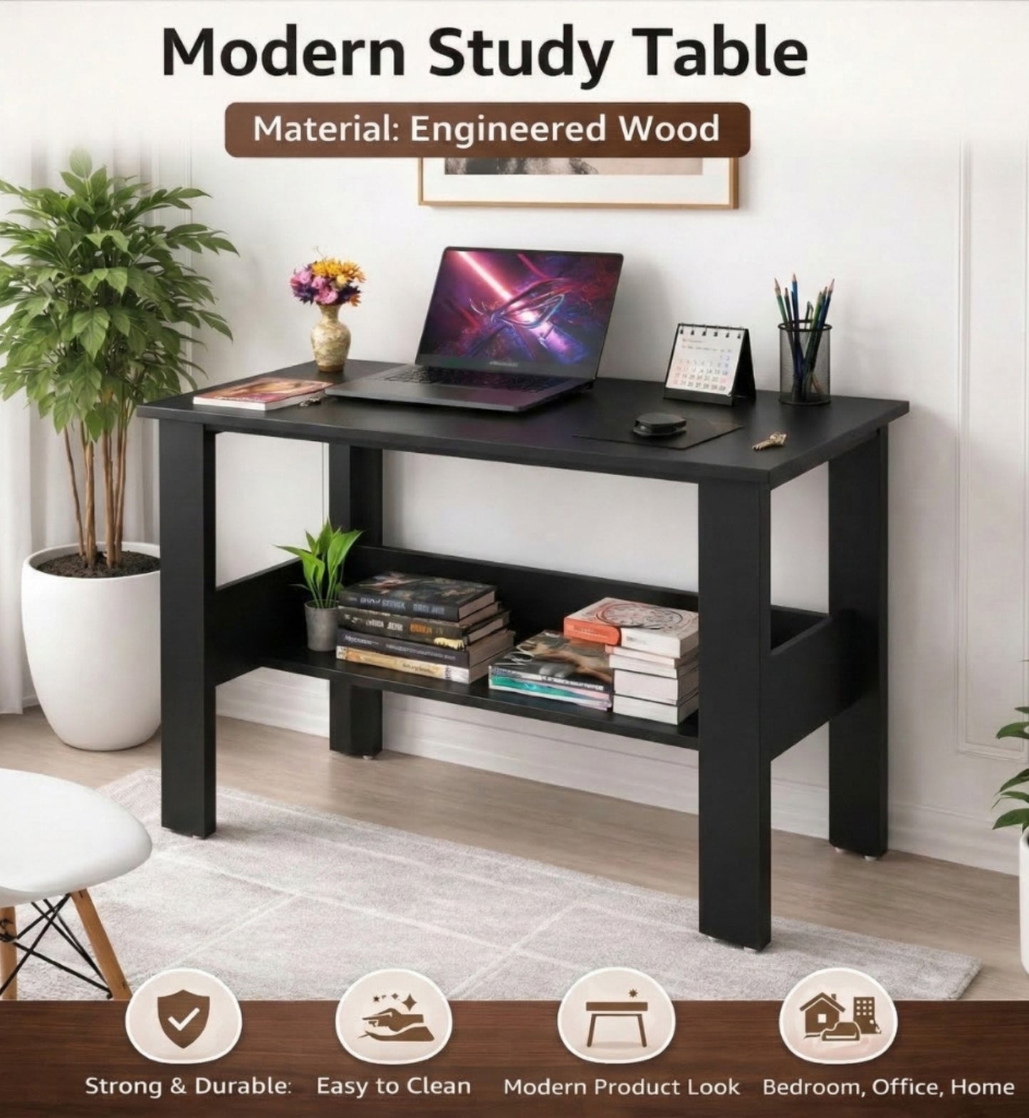 SPYDER CRAFT Genesis Engineered Wood Study Table with Storage Shelf | Modern Computer Desk for Home & Office