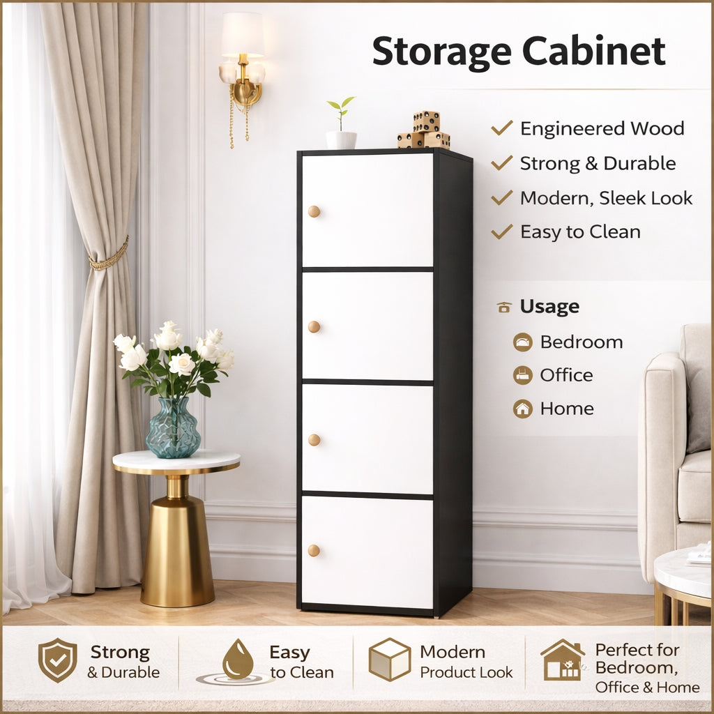 4-Tier Multipurpose Storage Cabinet – Space-Saving Vertical Organizer in Black & White (133.5 cm Height)
