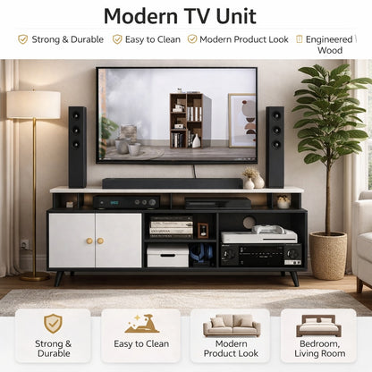 Spydercraft Modern Marbay TV Unit with Storage & Display Shelf – Space-Saving Entertainment Console in Black & White Finish