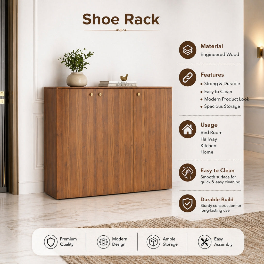 Apex 3 Door Shoe Rack Cabinet with Spacious Storage | Modern Wooden Footwear Organizer for Home & Entryway | Noce Lyon Finish
