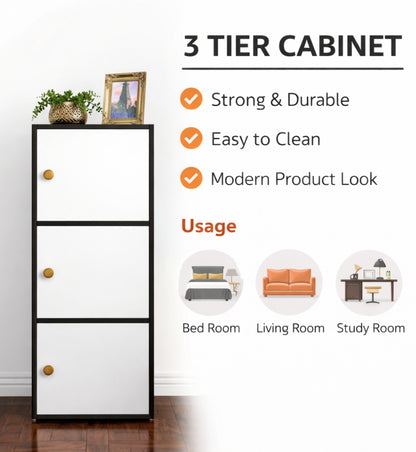 3-Tier Multipurpose Storage Cabinet – Compact Vertical Organizer in Black & White