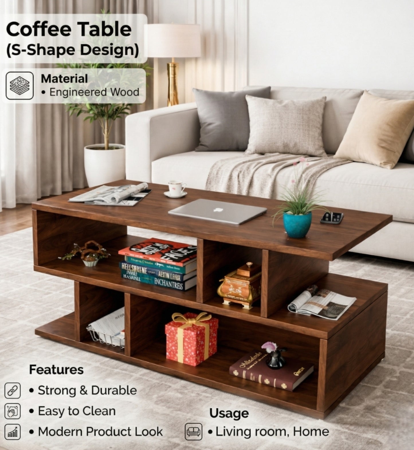 Spydercraft Zig Zag Bedside Table in Columbian Walnut Finish | Modern Wooden Nightstand with Open Shelves | Engineered Wood Side Table