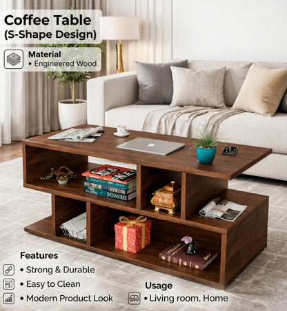 Spydercraft Zig Zag Bedside Table in Columbian Walnut Finish | Modern Wooden Nightstand with Open Shelves | Engineered Wood Side Table