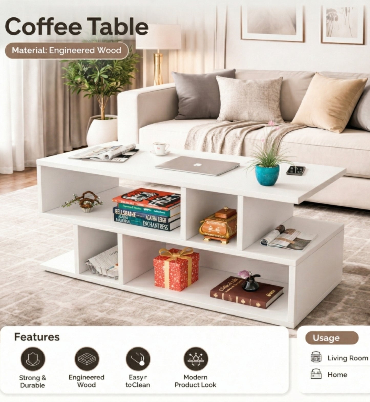 Spydercraft Zig Zag Bedside Table in White Finish | Modern Wooden Nightstand with Open Shelves | Engineered Wood Side Table