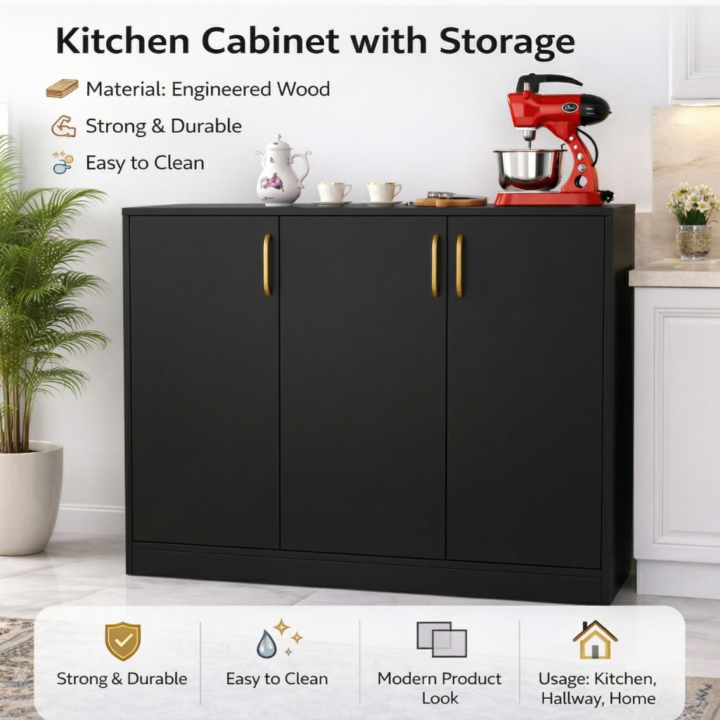Spydercraft Accent Modern Storage Cabinet with Matte Finish and Premium Metal Handles| Color: Black | Multipurpose cabinet