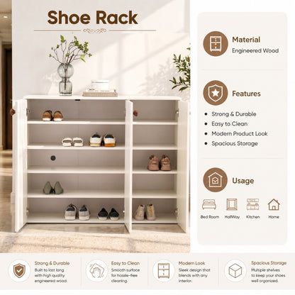 Apex 3 Door Shoe Rack Cabinet with Spacious Storage | Modern Wooden Footwear Organizer for Home & Entryway | White Finish