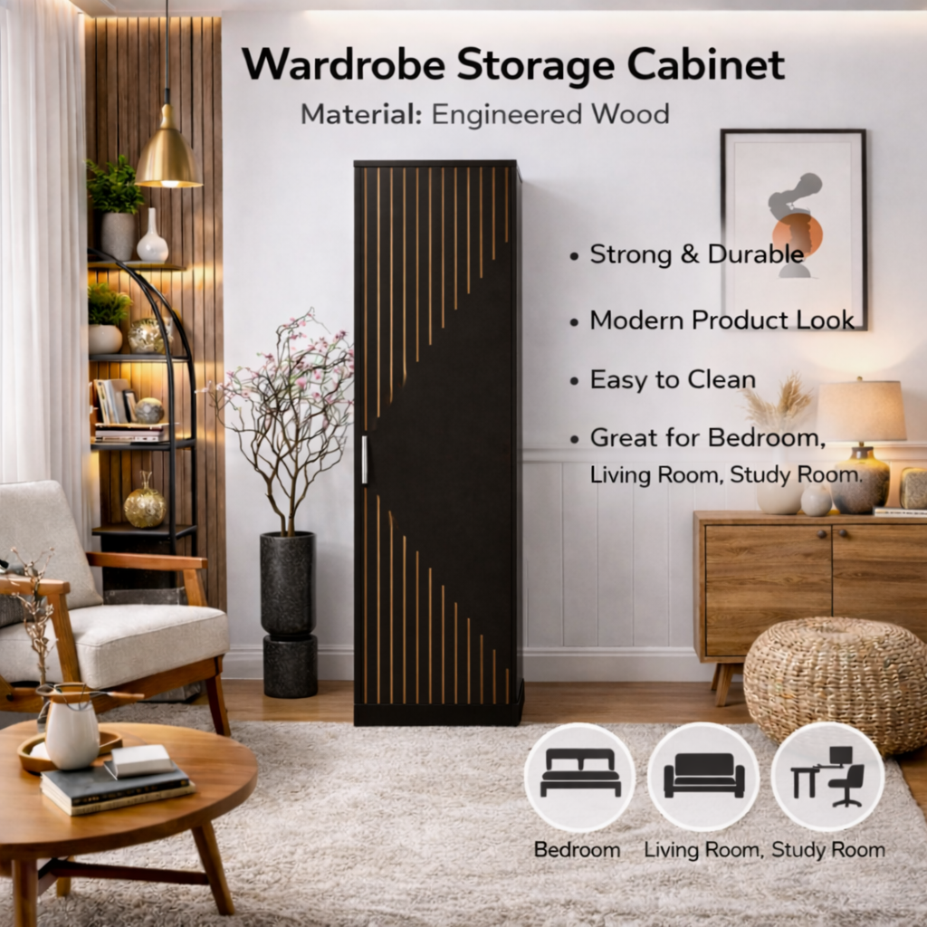 Spydercraft Single Door Fraser Wardrobe | Sleek Matte Finish | Space-Saving Storage Unit (180 cm Height)| Color: Black