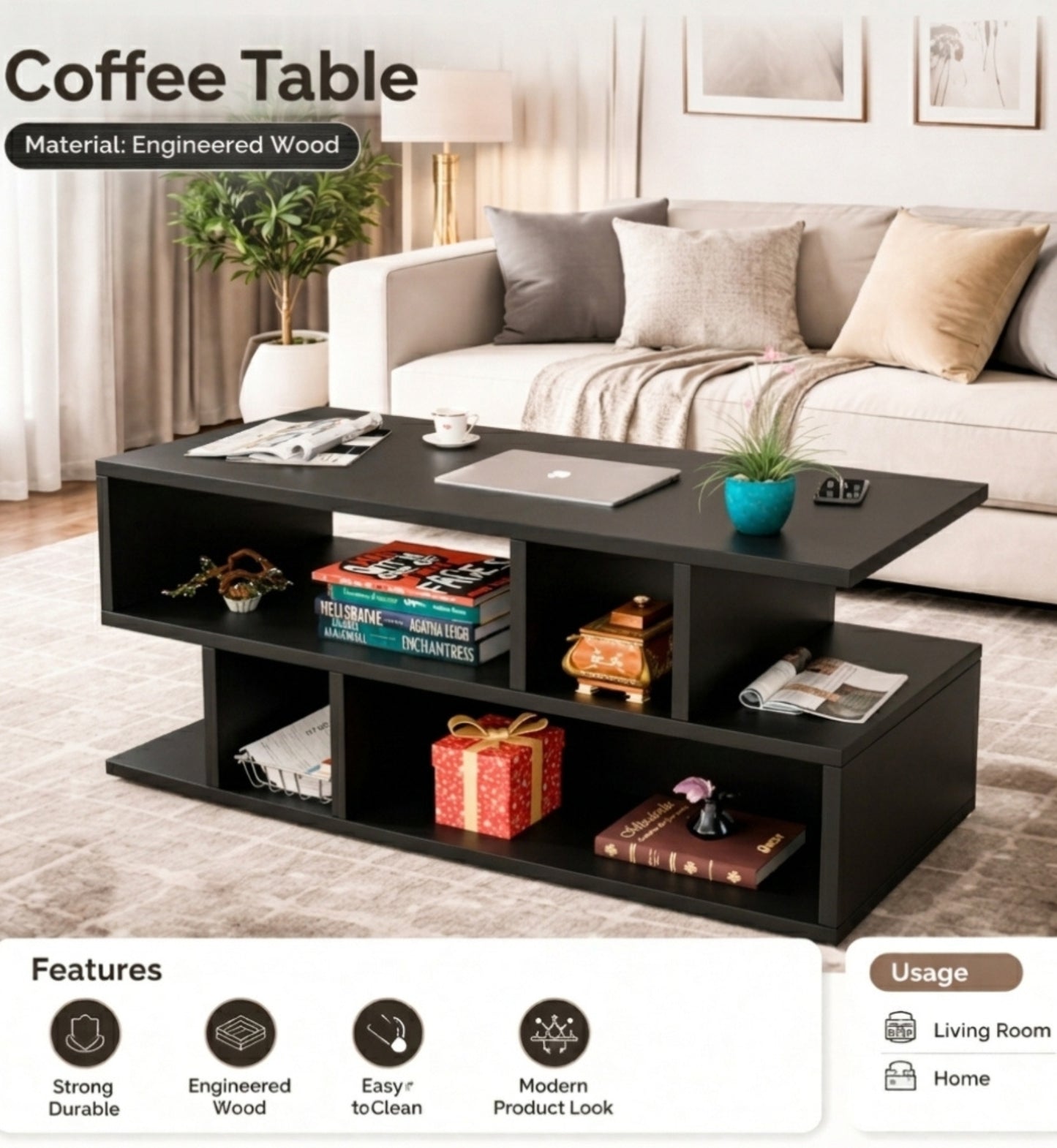 Spydercraft Zig Zag Bedside Table with Open Shelves | Modern Wooden Nightstand for Bedroom & Living Room | Engineered Wood Side Table