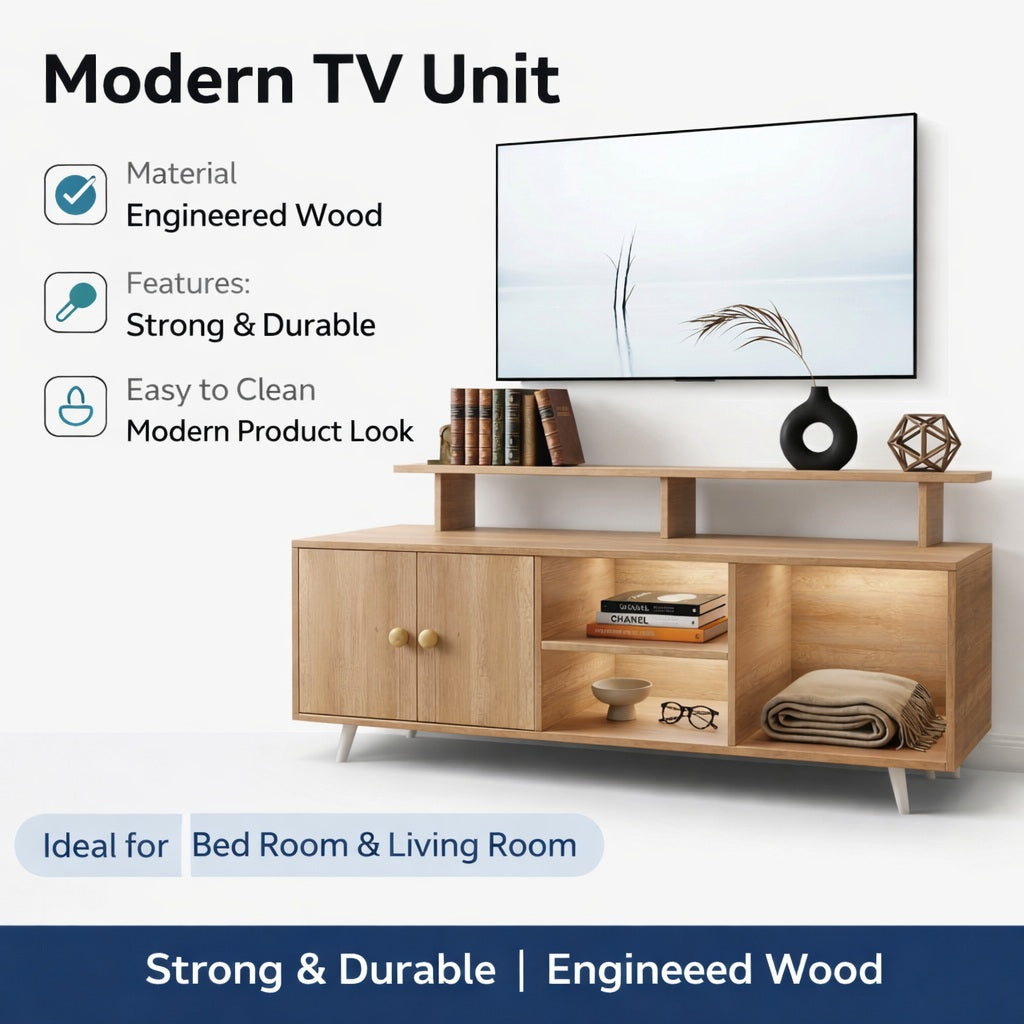 Spydercraft Modern Marbay TV Unit with Storage & Display Shelf – Space-Saving Entertainment Console in Canyon Oak Finish
