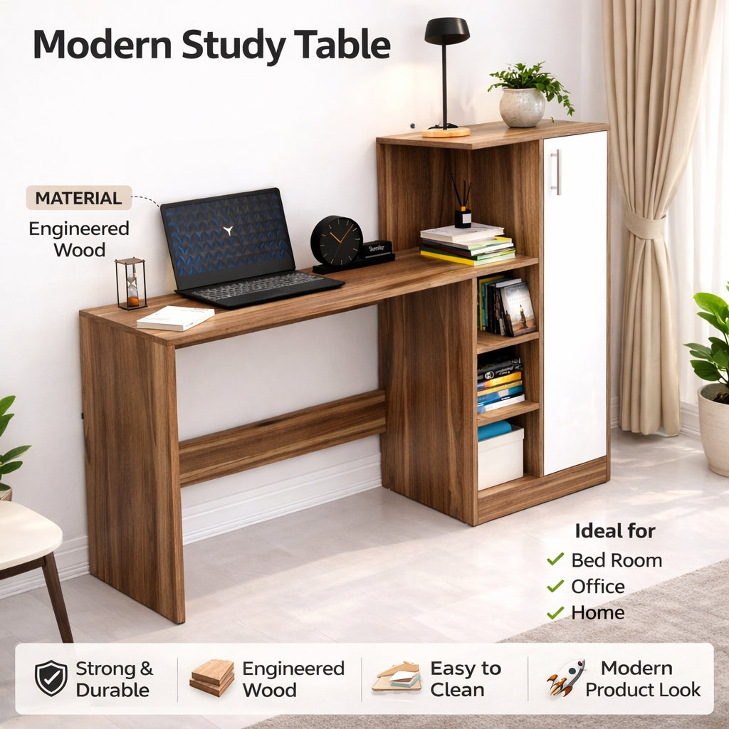 Spydercraft Noce Lyon & White Engineered Wood DYNA Study Table with Storage Cabinet – Modern Multipurpose Desk with Shelves
