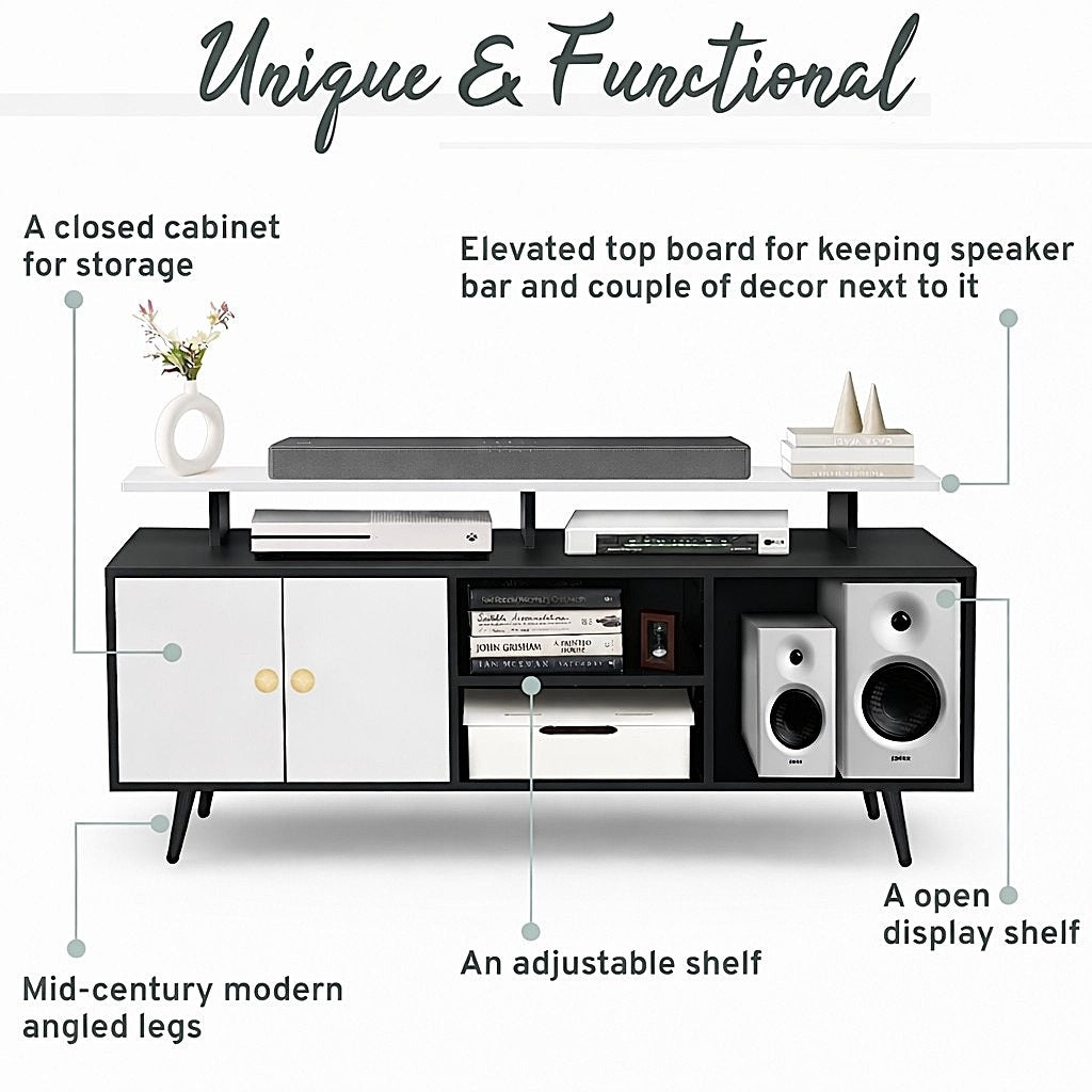 Spydercraft Modern Marbay TV Unit with Storage & Display Shelf – Space-Saving Entertainment Console in Black & White Finish