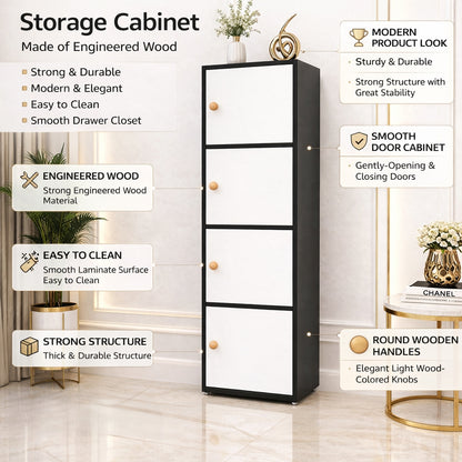 4-Tier Multipurpose Storage Cabinet – Space-Saving Vertical Organizer in Black & White (133.5 cm Height)