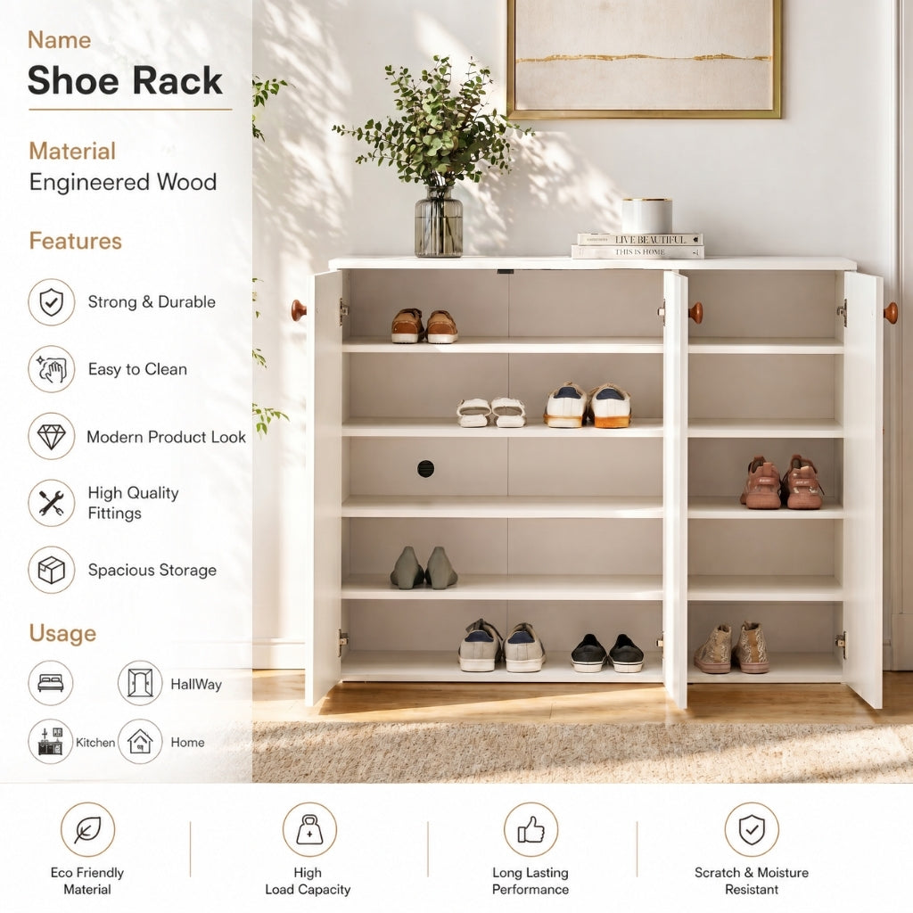 Apex 3 Door Shoe Rack Cabinet with Spacious Storage | Modern Wooden Footwear Organizer for Home & Entryway | White Finish