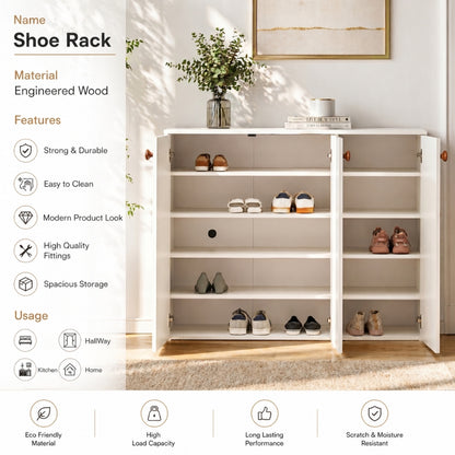 Apex 3 Door Shoe Rack Cabinet with Spacious Storage | Modern Wooden Footwear Organizer for Home & Entryway | White Finish