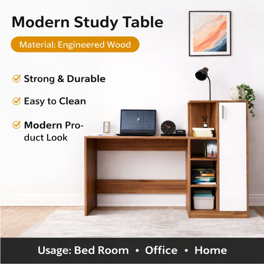 Spydercraft Noce Lyon & White Engineered Wood DYNA Study Table with Storage Cabinet – Modern Multipurpose Desk with Shelves