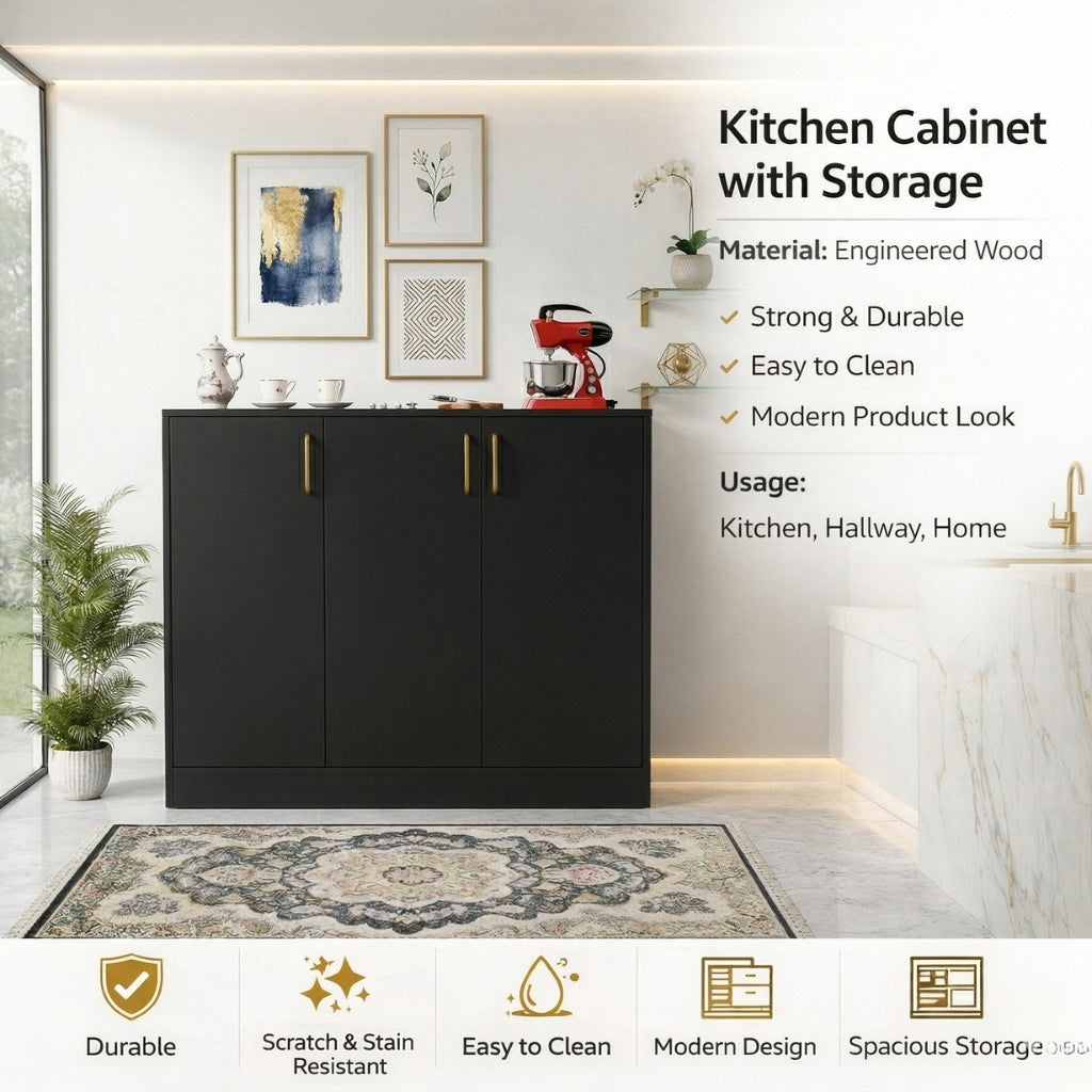 Spydercraft Accent Modern Storage Cabinet with Matte Finish and Premium Metal Handles| Color: Black | Multipurpose cabinet