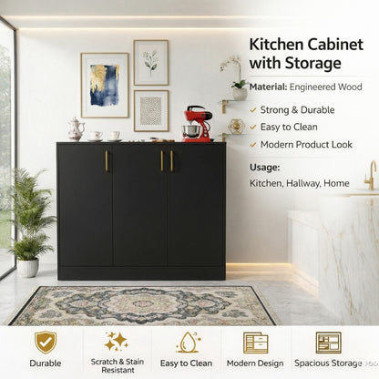 Spydercraft Accent Modern Storage Cabinet with Matte Finish and Premium Metal Handles| Color: Black | Multipurpose cabinet