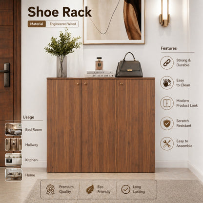 Apex 3 Door Shoe Rack Cabinet with Spacious Storage | Modern Wooden Footwear Organizer for Home & Entryway | Noce Lyon Finish