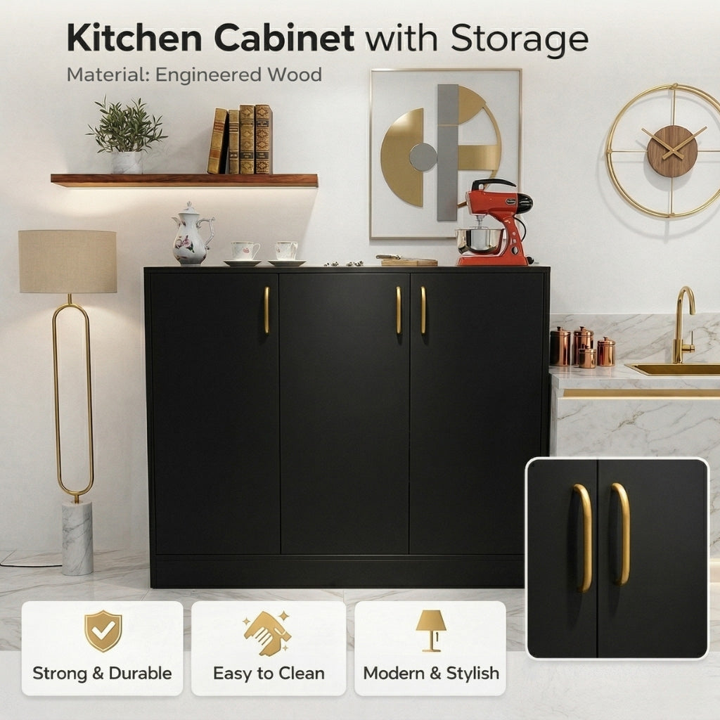 Spydercraft Accent Modern Storage Cabinet with Matte Finish and Premium Metal Handles| Color: Black | Multipurpose cabinet