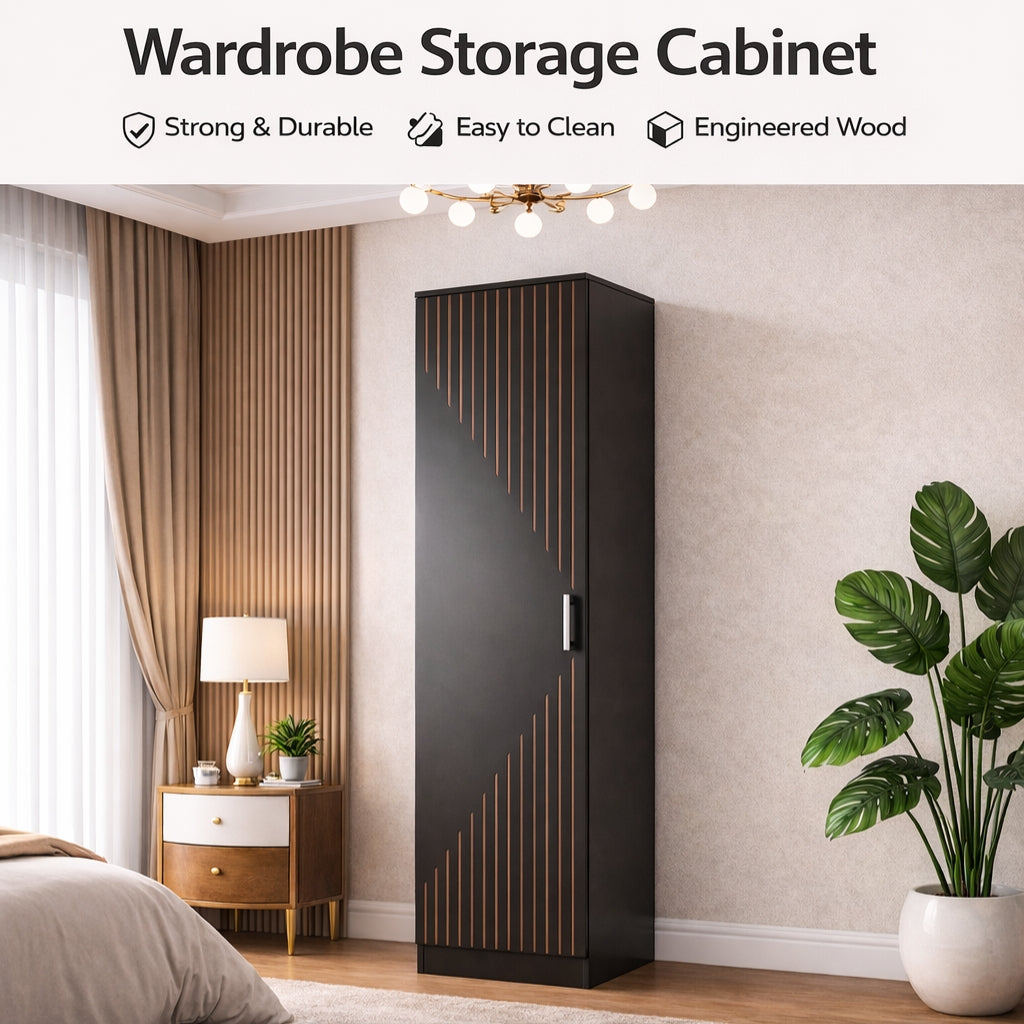 Spydercraft Single Door Fraser Wardrobe | Sleek Matte Finish | Space-Saving Storage Unit (180 cm Height)| Color: Black