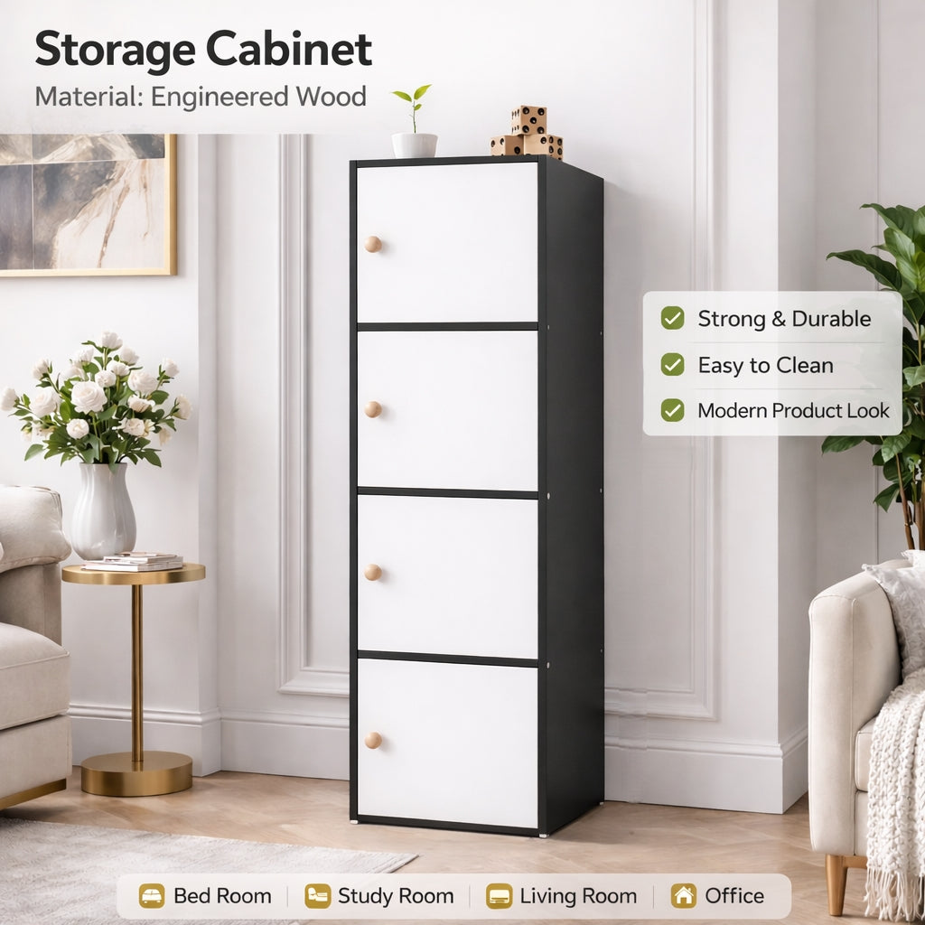 4-Tier Multipurpose Storage Cabinet – Space-Saving Vertical Organizer in Black & White (133.5 cm Height)