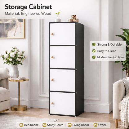 4-Tier Multipurpose Storage Cabinet – Space-Saving Vertical Organizer in Black & White (133.5 cm Height)