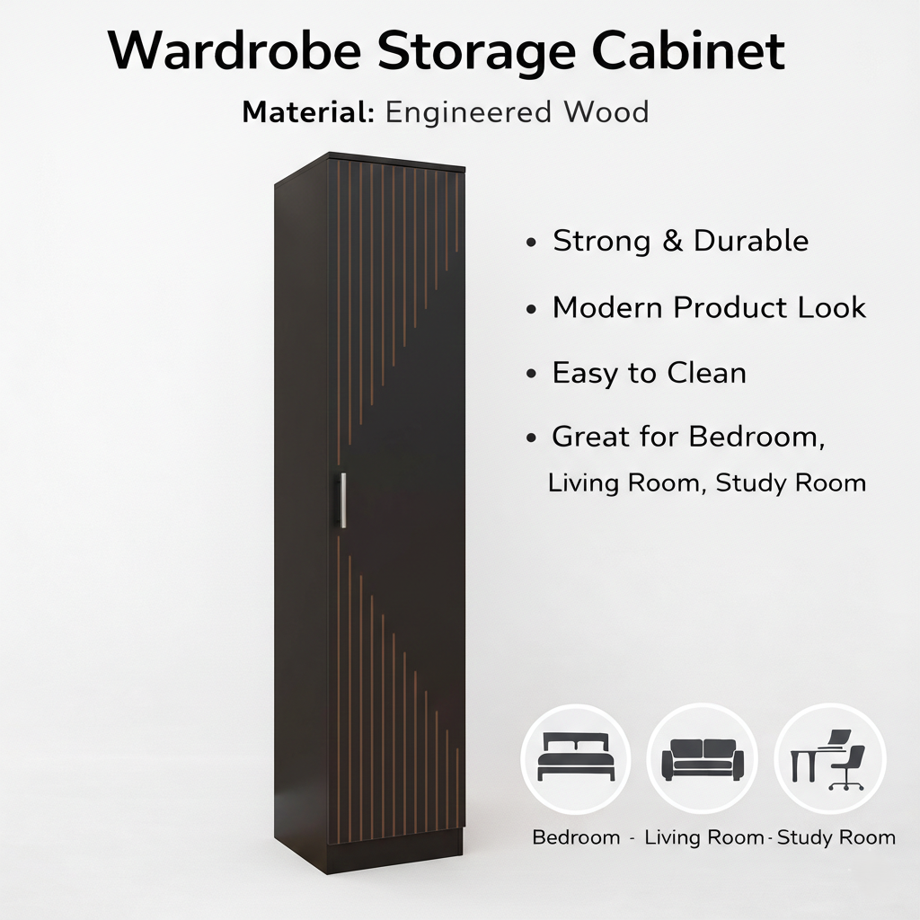Spydercraft Single Door Fraser Wardrobe | Sleek Matte Finish | Space-Saving Storage Unit (180 cm Height)| Color: Black