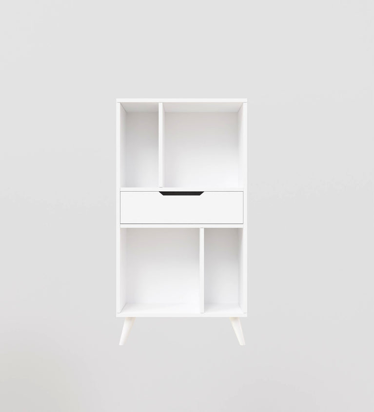 Spydercraft Matte Finish Snover Bookshelf| Modern White Bookshelf with Drawer – Stylish & Compact Storage Unit for Home & Office| Color: White| Do- It- Yourself Product