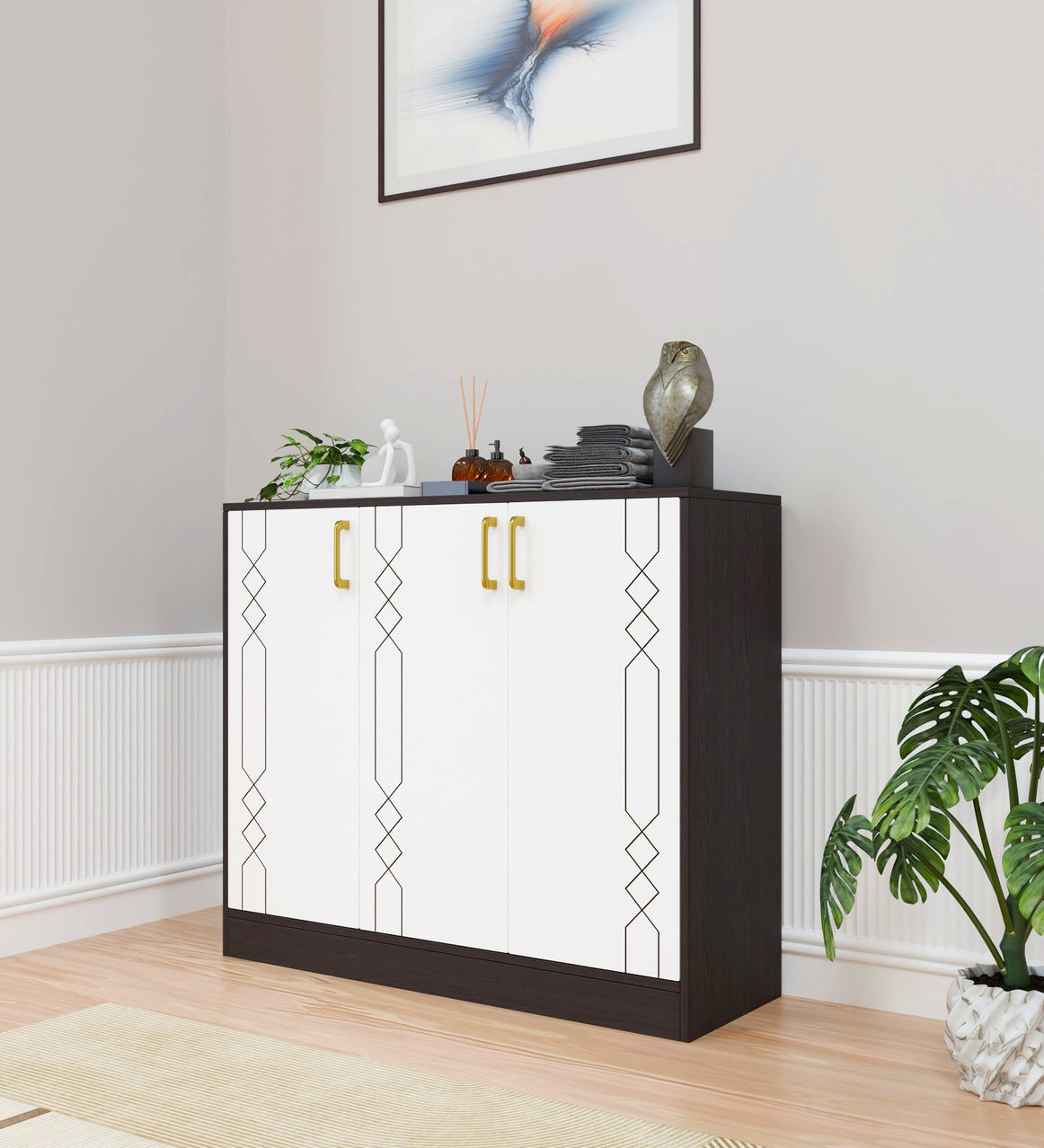 Spydercraft Lupin Multipurpose Cabinet – 3-Door Storage Unit (105 x 90 x 35 cm) | White & Wenge Brown Finish with Geometric Design