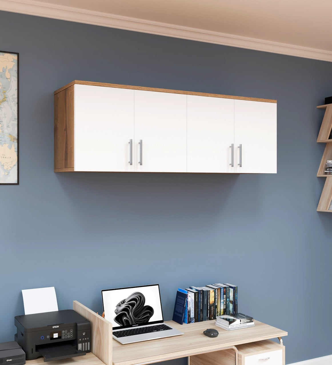 Spydercraft Wall Mounted Kitchen Cabinet – 4 Door Storage Unit (120 x 41 x 36 cm) | Canyon Oak & White Finish
