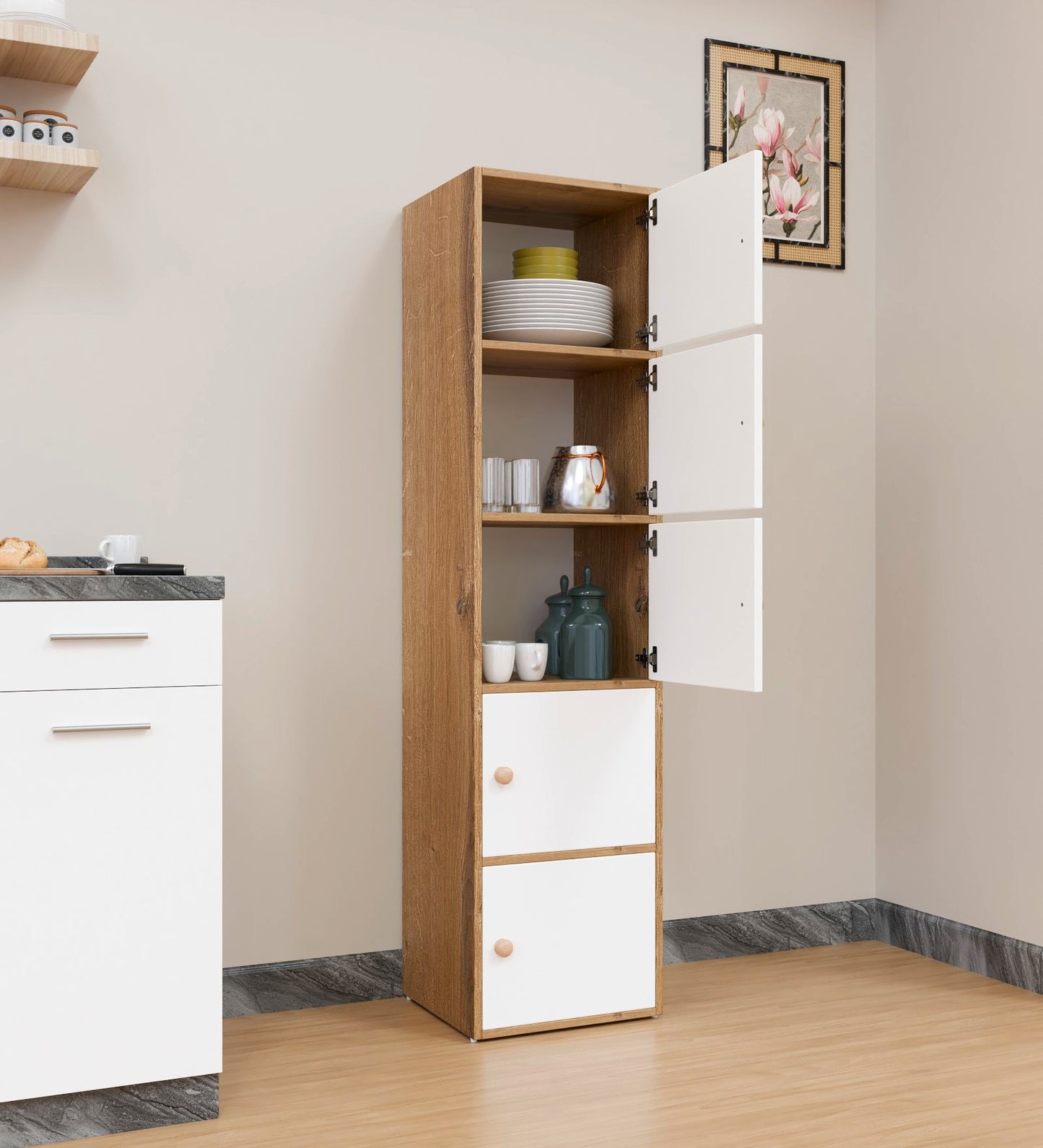 Spyder Craft Wooden Cabinet - Five Tier Engineered Wood Storage Cabinet for Living Room, Space Saving Furniture for Home, Office, Kitchen, Color Oak -White -L 38 x B 38 x H 165.5 cm 1 Year Warranty