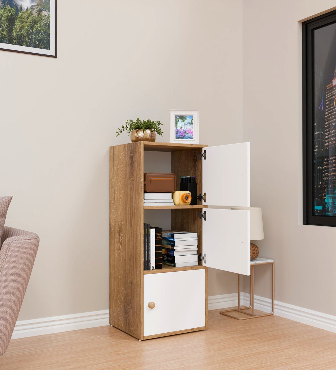Spydercraft Matte Finish Dorio Multipurpose Storage Floor Mounted Cabinet| Modern 3-Door Storage Cabinet – Canyon Oak & White Wooden Organizer| Do-IT-Yourself Product