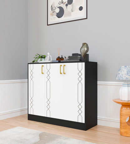 Spydercraft Lupin Multipurpose Cabinet – 3-Door Storage Unit (105 x 90 x 35 cm) | White & Black Finish with Geometric Design