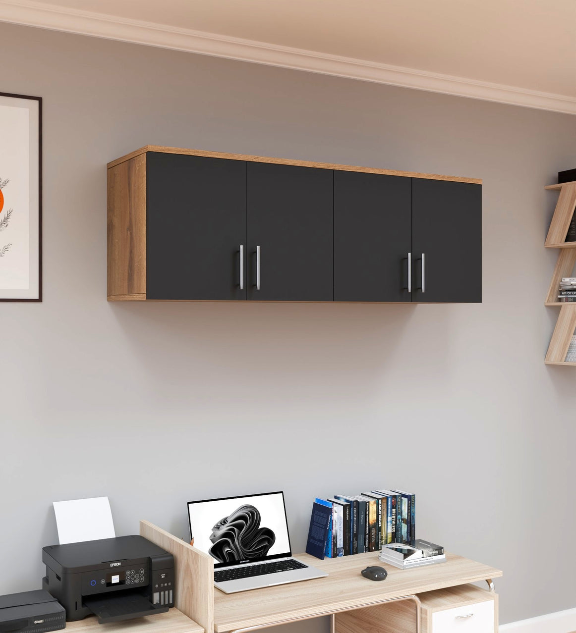 Spydercraft Wall Mounted Kitchen Cabinet – 4 Door Storage Unit (120 x 41 x 36 cm) | Canyon Oak & Black Finish| Do- It-Yourself Product