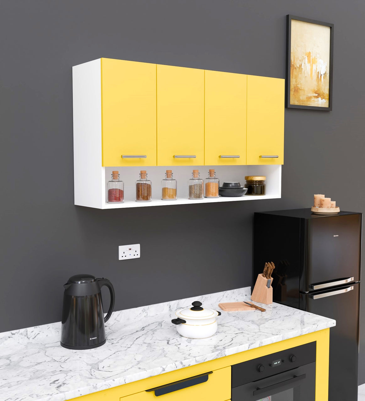 SPYDERCRAFT Matte Finish Myra (Foor-Door) Kitchen Cabinet| Color: Yellow and White| Do-It-Yourself Product